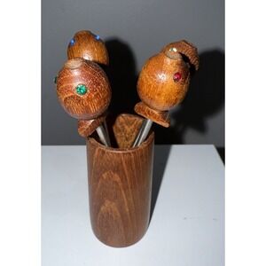 Vintage Fish Shaped Cocktail Fork Picks‎ Teak Wood And Metal Made In Denmark